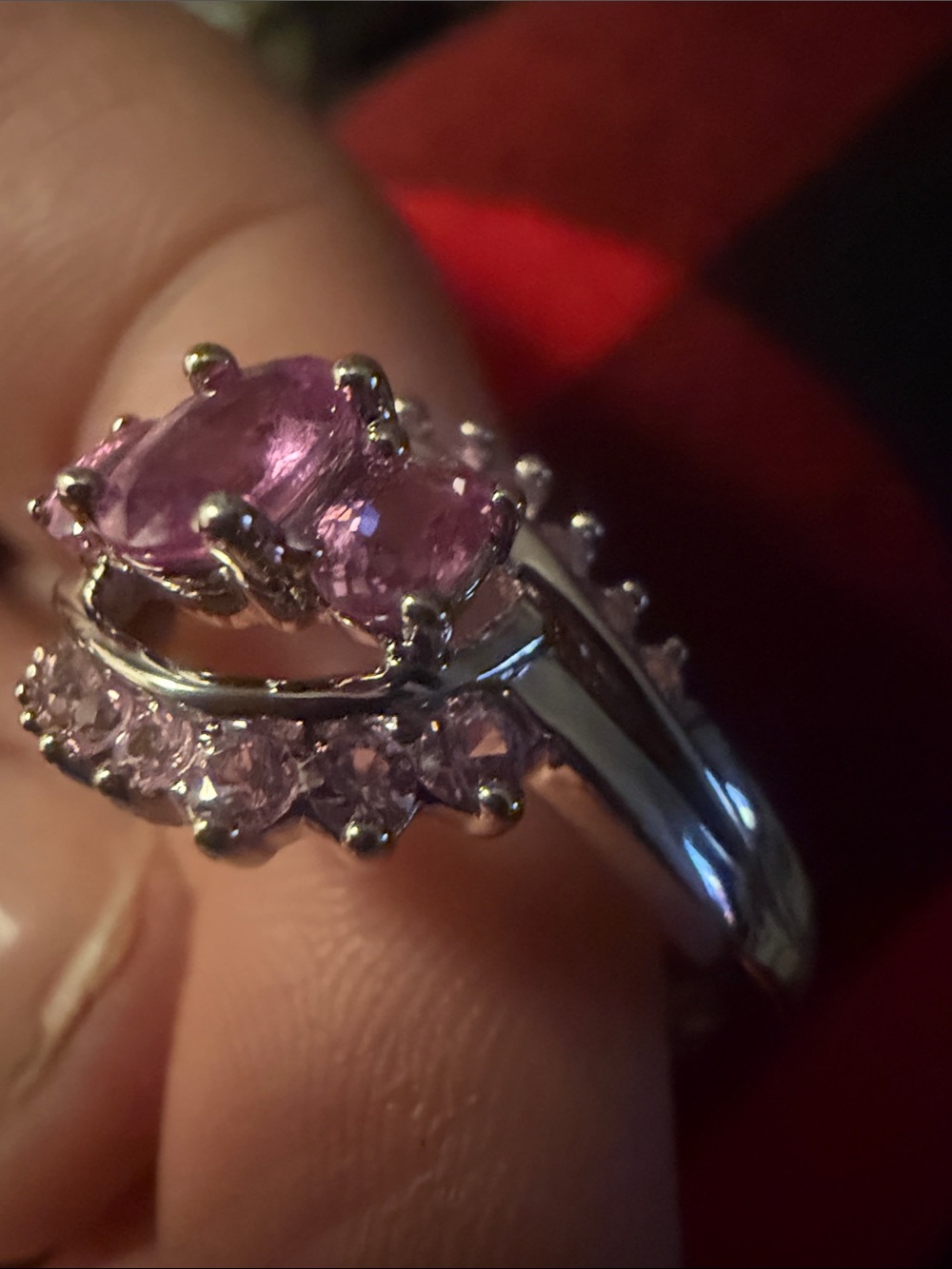 Silver Ring Pink Oval sapphire Gemstone and Pink diamond Accent Stones 1.4 cwt